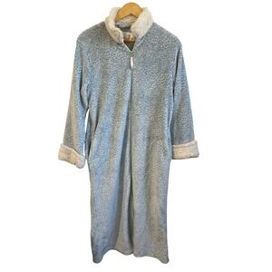 Oscar de la Renta Blue Leopard Fleece Zip Front Robe Housecoat Sherpa Trim Small